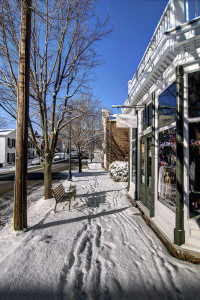 A fresh snow covers the brick sidewalk along Main Street in Abingdon, VA on Wednesday, January 29, 2014. Copyright 2014 Jason Barnette